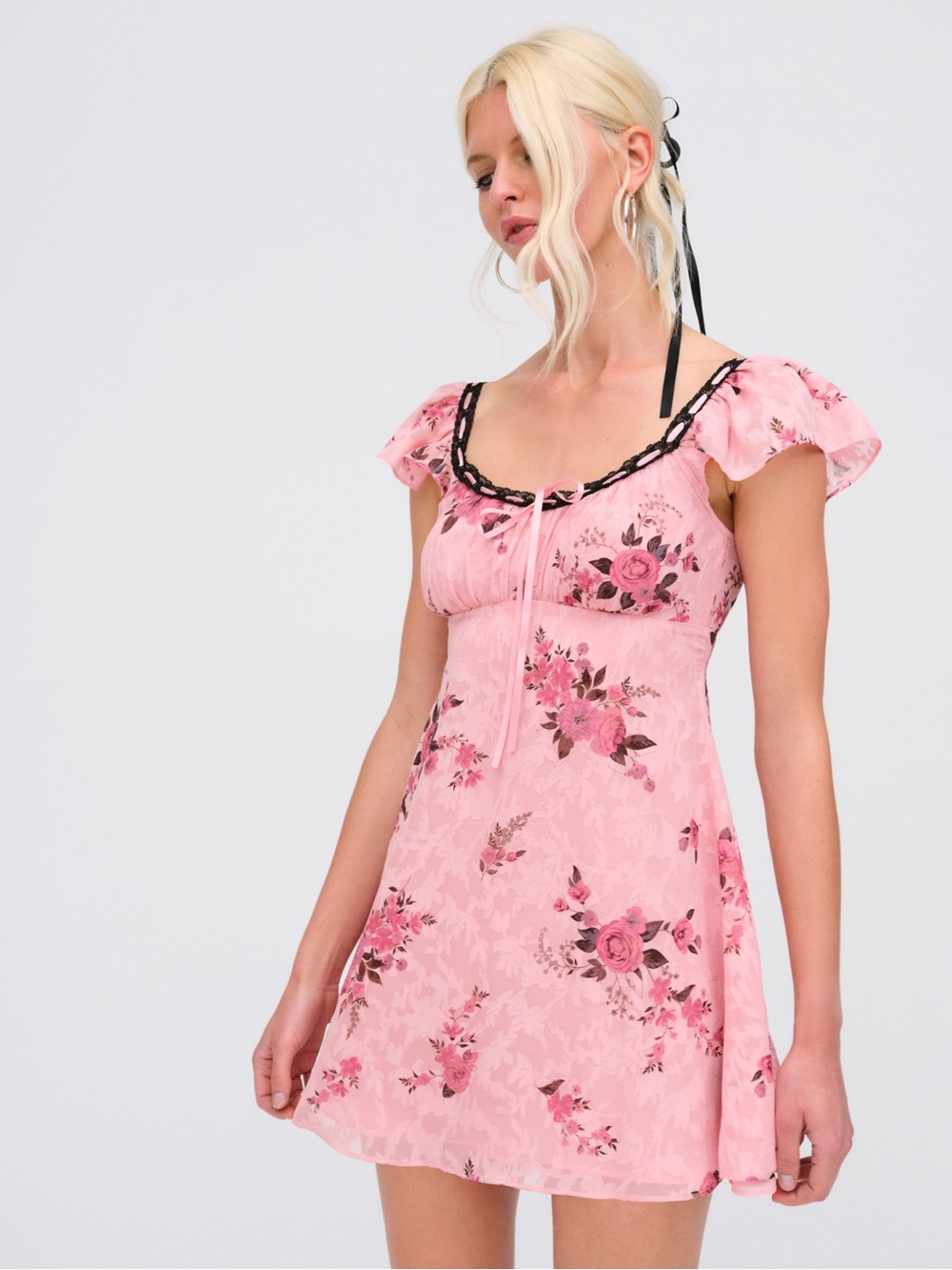 NWT (S)  For Love & Lemons Guinevere mini dress in pink with black trim